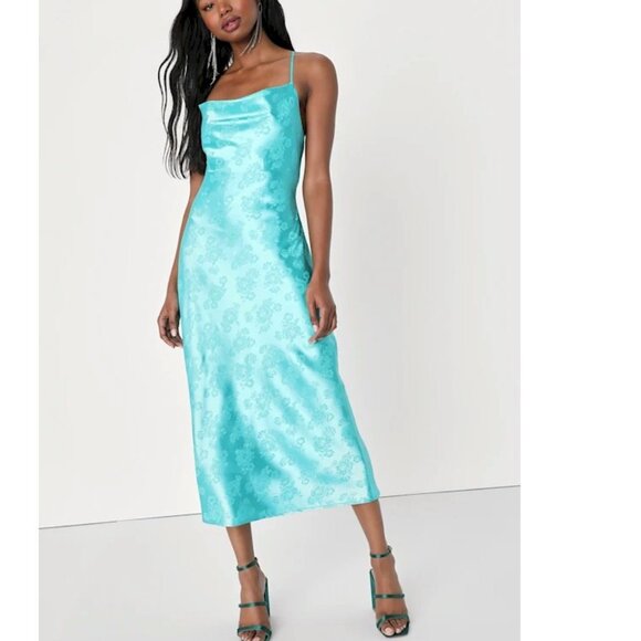 Timeless Cutie Teal Floral Jacquard Cowl Slip Dress Size XS NWT - Picture 3 of 3